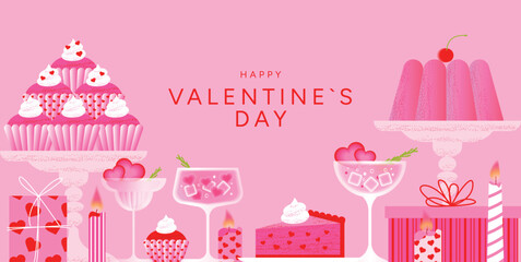 Happy Valentines Day illustration with cupcakes, cocktails, cake, candles and gift boxes. Pink festive dessert table under glowing heart background. Romantic vector design for greeting or banner