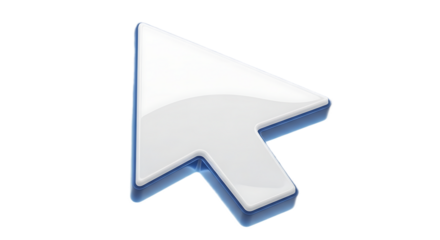 Isolated white computer cursor arrow pointing right on a black background with blue outline design