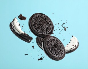 Crumbled chocolate cookies suspended in the air, creating a dynamic scene on a clean blue backdrop.