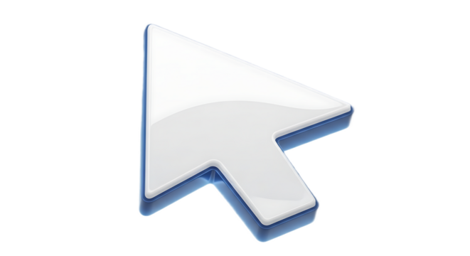 Isolated white computer cursor arrow pointing right on a black background with blue outline design - Powered by Adobe