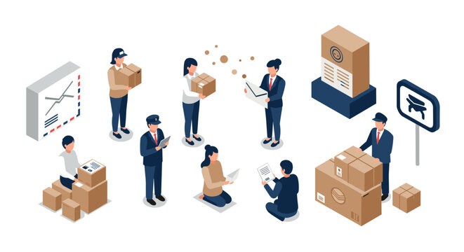 Isometric people in logistics and delivery with packages and documents - Powered by Adobe