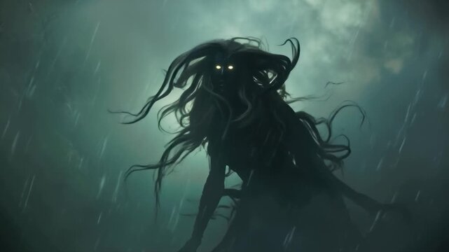 Dark, ethereal horror figure with glowing eyes and long, tentacle-like hair emerges from heavy rain and mist, set against a spooky, eerie night landscape. Cinematic suspense.
