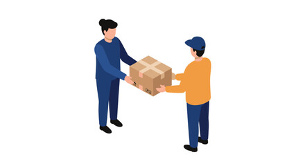 Isometric parcel delivery service with two people exchanging box
