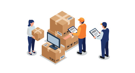 Warehouse team managing inventory with technology and barcodes