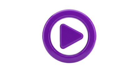 Isolated purple play button icon with a glossy finish on a black background in a studio shot