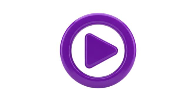 Isolated purple play button icon with a glossy finish on a black background in a studio shot
