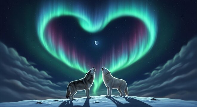 Wolves howling under heart-shaped aurora borealis light