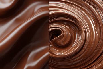 Naklejka premium Smooth and swirled glossy chocolate textures flowing rich brown melted dessert
