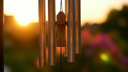 Wind chimes swaying gently in the breeze, capturing the soothing ambiance of serenity and peacefulness, perfect for creating a calming mood in various visual projects such as wellness and.