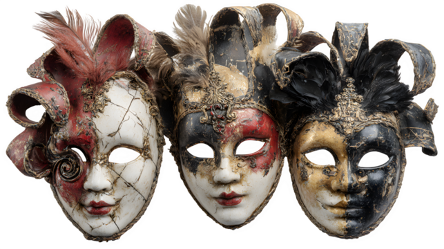 Stunning Venetian Masks with Feathers Evoking Mystery and Carnival Glamour, Perfect for Masquerade Balls and Theatrical Productions, Captivating and Ornate