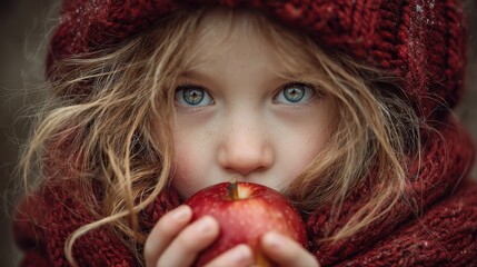 Blond girl with red knitwear holds a red apple and look at the camera. Ideal for illustrating healthy eating or seasonal fall or winter themes.