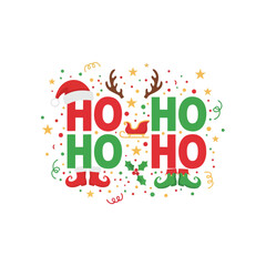 Naklejka premium Colorful HO HO HO Christmas Typography with Santa Hat and Holiday Elements