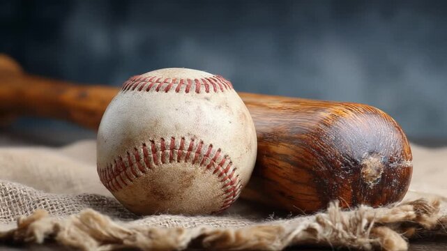 A weathered baseball rests beside a polished wooden bat on burlap with a dramatic dark backdrop now