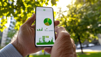 Businessman holding smartphone with eco-themed finance app interface displaying pie charts and esg scores