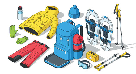 Essential winter hiking gear in modern isometric style for outdoor enthusiasts