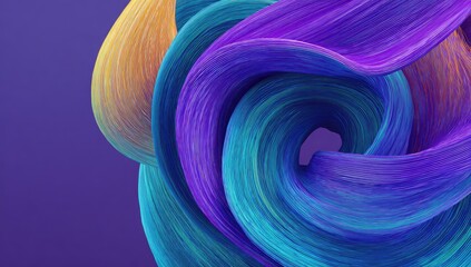 Curvy swirl with bright yellow, blue, & purple strands on violet background