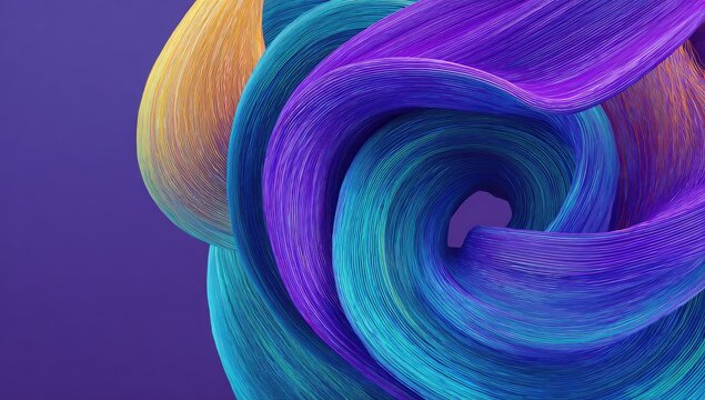 Curvy swirl with bright yellow, blue, & purple strands on violet background
