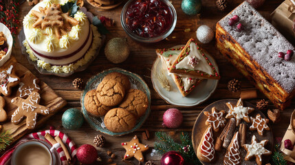 Overhead view of a festive holiday table filled with christmas treats and desserts