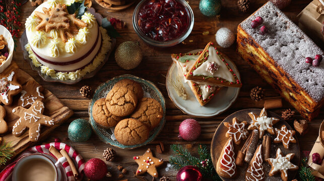 Overhead view of a festive holiday table filled with christmas treats and desserts