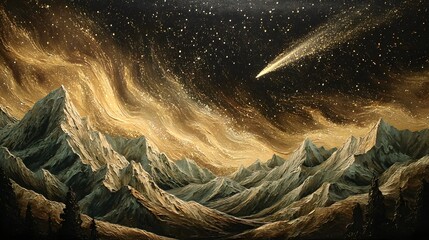Majestic mountains beneath a starlit sky with a shooting star artwork