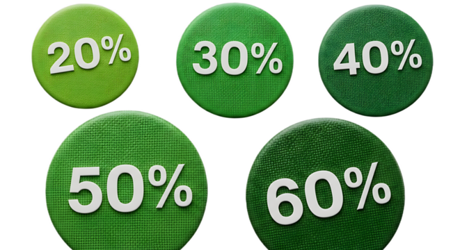 Five green circular badges with percentage discounts from twenty to sixty percent in white font