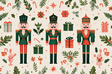 Christmas Nutcracker Seamless Pattern with Toy Soldiers and Festive Gifts, Holiday Decoration Background, Traditional Winter Character Set, Candy Canes, and Holly Berries