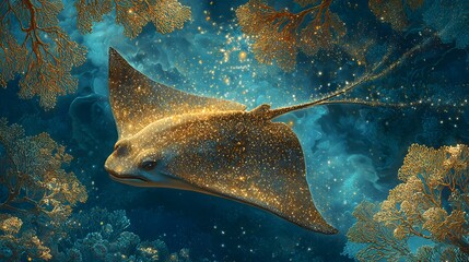Majestic stingray glides through coral reef a mystical underwater fantasy world