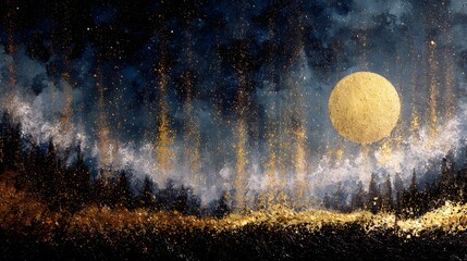 Mystical Golden Moon over a Forest with Sparkling Celestial Lights