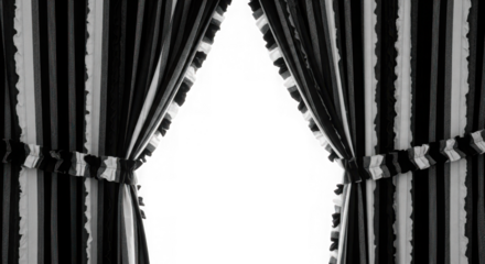 Monochromatic striped curtains pulled back with ruffle detail design isolated on transparent background