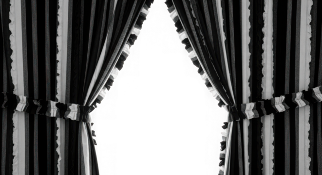 Monochromatic striped curtains pulled back with ruffle detail design isolated on transparent background