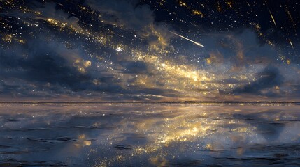 Mystical starry night with shooting stars reflecting on the water surface artwork