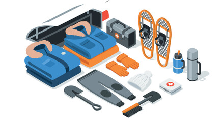 Fototapeta premium Winter sports gear collection in isometric style for outdoor adventures