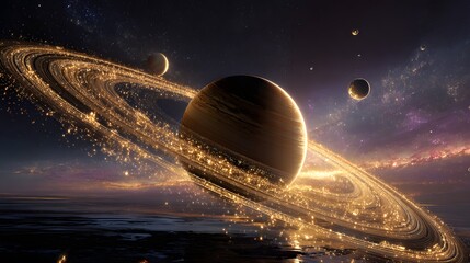 Saturn inspired planet with glowing ring system surrounded by moons in deep space
