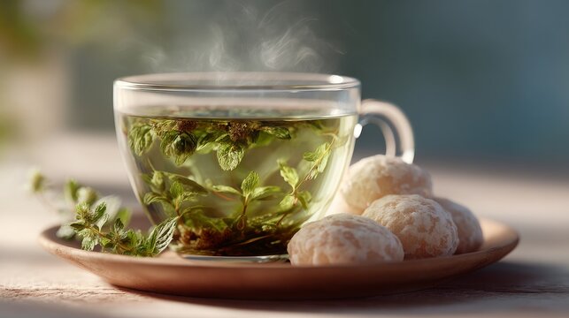 A clear mug of hot, steeping green herbal tea with mint leaves, releasing steam, served on a wooden saucer with four frosted sugar cookies in soft sunlight.