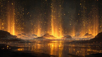 Spectacular golden light beams over a dark landscape reflected in water surface