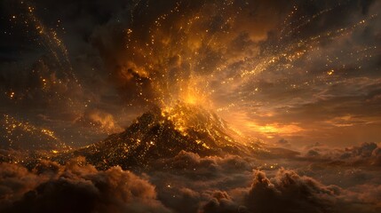 Mystical volcano eruption with golden sparks in a cloudy landscape
