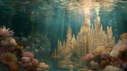 Spectacular golden underwater city with coral reefs and sun rays shining through