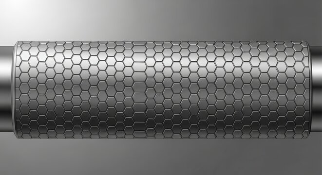 Abstract metallic cylinder with intricate hexagonal pattern design and futuristic industrial