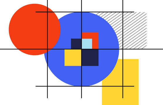 Geometric abstract composition in Bauhaus style with primary colors and thin lines. EPS 10