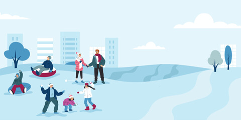 Winter activities banner. Flat cartoon vector illustration.