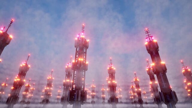 Modern 6G telecommunication tower with glowing network signals against blue sky, showcasing advanced 6G wireless technology and digital connectivity infrastructure for future cities 4k - Powered by Adobe