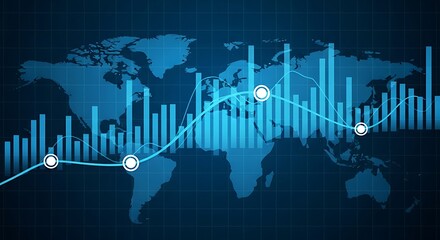 Global financial market data visualization with world map background