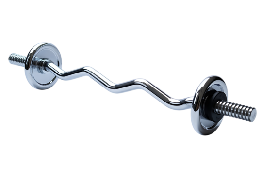 Shiny chrome ez curl barbell with silver weight collars isolated on transparent background