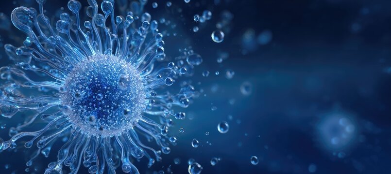 Microscopic view of a blue virus cell with spike proteins and water droplets - Powered by Adobe