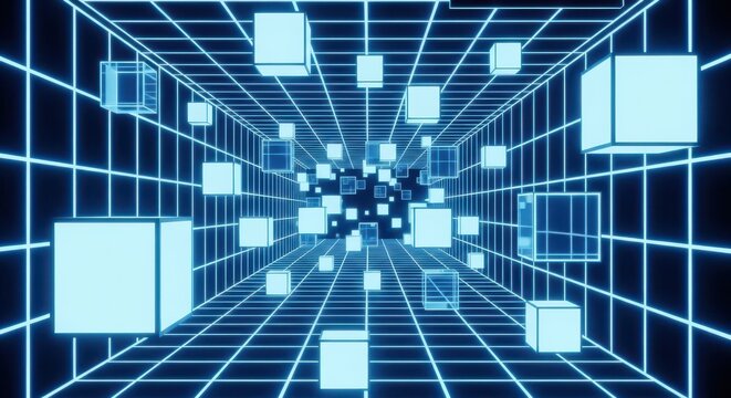 Abstract blue cubes floating in a futuristic grid tunnel