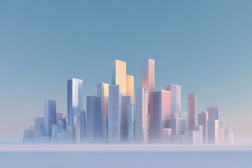 Sleek city skyline with diffused light pastel winter tones minimal layout 3D render
