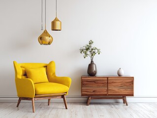 Bright yellow armchair sits beside wooden cabinet in a minimalist interior