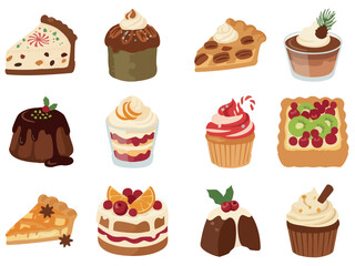 A festive collection of Christmas desserts including pies, cupcakes, puddings, trifles, and fruit tarts, illustrated in a cozy flat style with warm holiday colors.
