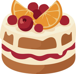 A festive layered cake decorated with bright orange slices and red berries, illustrated in a cozy flat style for winter and holiday themes.