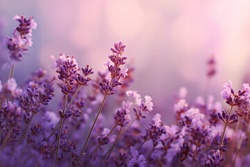Naklejka premium Purple lavender flowers bloom softly in a field bathed in gentle sunlight creating a serene and beautiful natural scene